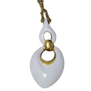 White Two Piece Enamel Dangling Pendant Gold Tone Round Chain Link Necklace